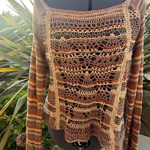 Free People Earthy Tones Off-the-Shoulder Crochet Sweater